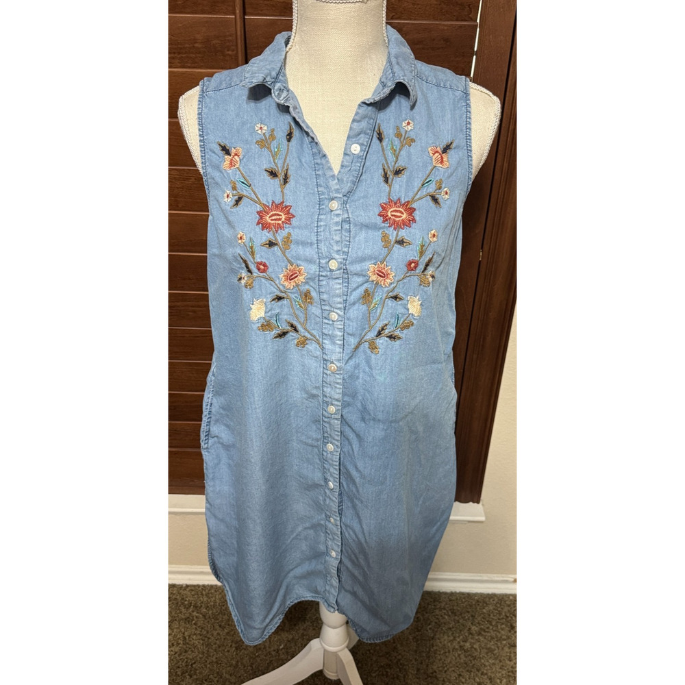 Terre Bleue Lyocell Shirt Dress Button Up Floral Embroidered sz S‎ Chambray